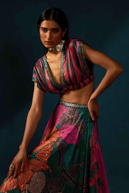 Basil Leaf_Multi Color Organza, Gingham Sequins, Floral Pattern Lehenga Blouse Set _Online_at_Aza_Fashions