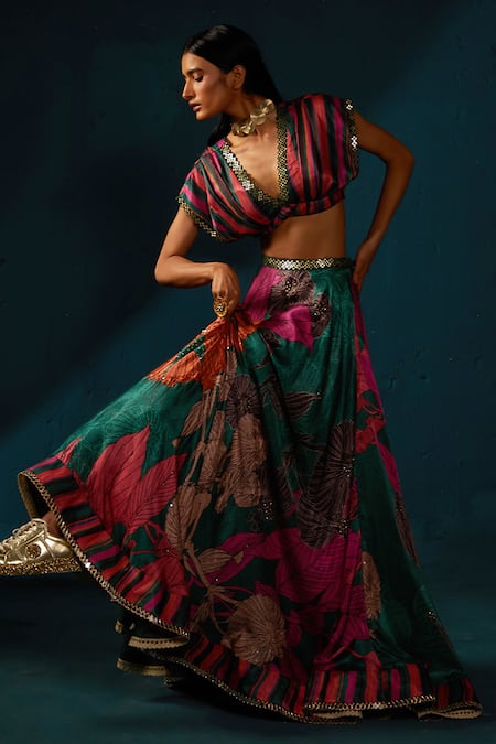 Buy_Basil Leaf_Multi Color Organza, Gingham Sequins, Floral Pattern Lehenga Blouse Set _Online_at_Aza_Fashions