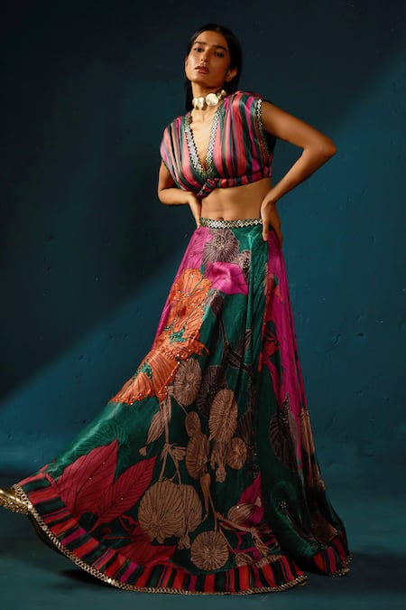 Shop_Basil Leaf_Multi Color Organza, Gingham Sequins, Floral Pattern Lehenga Blouse Set _Online_at_Aza_Fashions