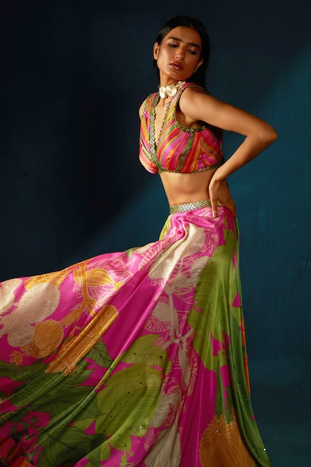 Basil Leaf_Fuchsia Gingham, Organza, Satin Floral Pattern Lehenga Set With Ombre Dupatta _Online_at_Aza_Fashions