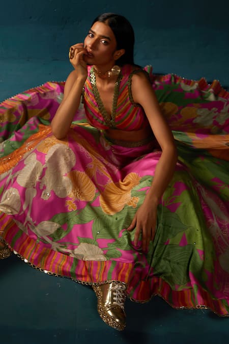 Buy_Basil Leaf_Fuchsia Gingham, Organza, Satin Floral Pattern Lehenga Set With Ombre Dupatta _Online_at_Aza_Fashions