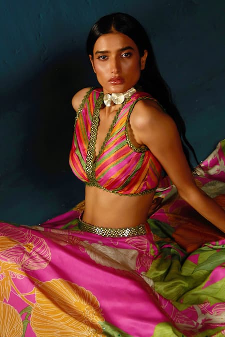 Shop_Basil Leaf_Fuchsia Gingham, Organza, Satin Floral Pattern Lehenga Set With Ombre Dupatta _Online_at_Aza_Fashions