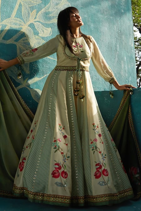 Basil Leaf Beige Viscose Tussar Embroidered Pomegranate Veil Print Anarkali With Dupatta 