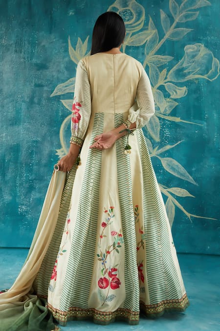 Shop Basil Leaf Beige Viscose, Organza, Chiffon Pomegranate Veil Print Anarkali With Dupatta at Aza Fashions Shop_Basil Leaf_Beige Viscose, Organza, Chiffon Pomegranate Veil Print Anarkali With Dupatta_at_Aza_Fashions