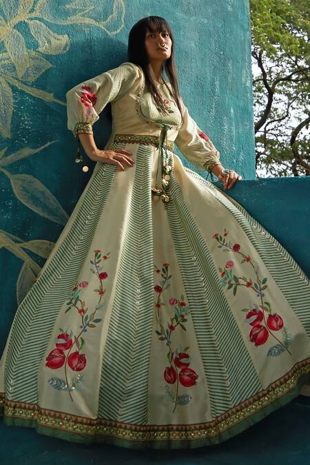 Buy Basil Leaf Beige Viscose, Organza, Chiffon Pomegranate Veil Print Anarkali With Dupatta Online at Aza Fashions Buy_Basil Leaf_Beige Viscose, Organza, Chiffon Pomegranate Veil Print Anarkali With Dupatta_Online_at_Aza_Fashions