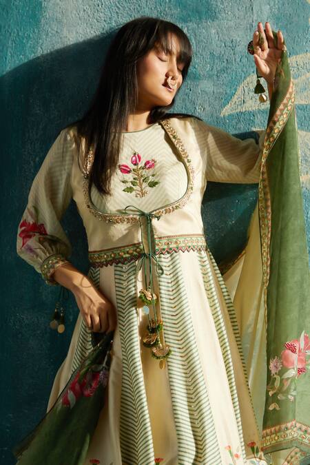 Shop Basil Leaf Beige Viscose, Organza, Chiffon Pomegranate Veil Print Anarkali With Dupatta Online at Aza Fashions Shop_Basil Leaf_Beige Viscose, Organza, Chiffon Pomegranate Veil Print Anarkali With Dupatta_Online_at_Aza_Fashions