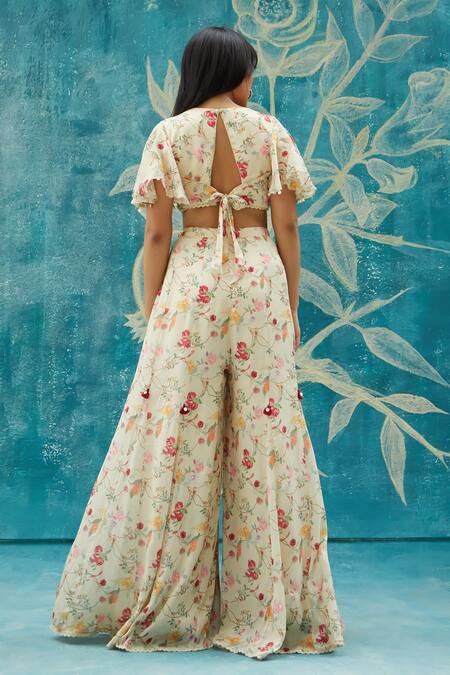 Shop Basil Leaf Beige Chiffon Embroidery, Sequins, Pearls, Floral Print Top And Flared Pant Set at Aza Fashions Shop_Basil Leaf_Beige Chiffon Embroidery, Sequins, Pearls, Floral Print Top And Flared Pant Set_at_Aza_Fashions