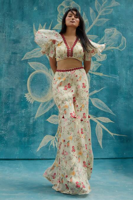 Basil Leaf Beige Chiffon Embroidery, Sequins, Pearls, Floral Print Top And Flared Pant Set Online at Aza Fashions Basil Leaf_Beige Chiffon Embroidery, Sequins, Pearls, Floral Print Top And Flared Pant Set_Online_at_Aza_Fashions