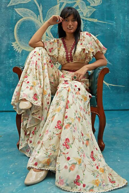 Shop Basil Leaf Beige Chiffon Embroidery, Sequins, Pearls, Floral Print Top And Flared Pant Set Online at Aza Fashions Shop_Basil Leaf_Beige Chiffon Embroidery, Sequins, Pearls, Floral Print Top And Flared Pant Set_Online_at_Aza_Fashions