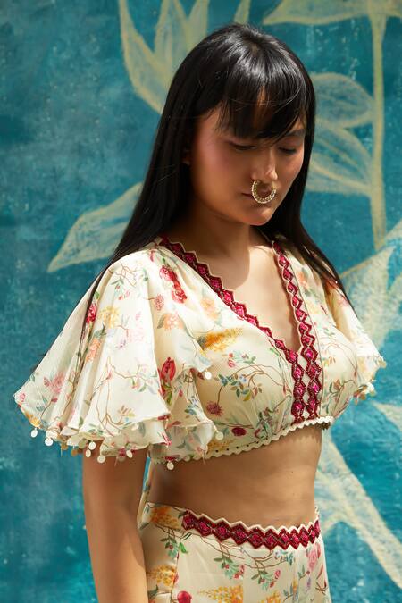 Basil Leaf Beige Chiffon Embroidery, Sequins, Pearls, Floral Print Top And Flared Pant Set at Aza Fashions Basil Leaf_Beige Chiffon Embroidery, Sequins, Pearls, Floral Print Top And Flared Pant Set_at_Aza_Fashions