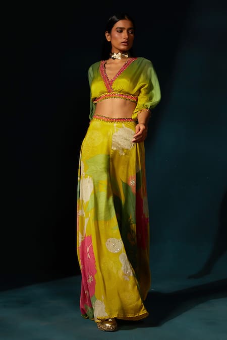 Basil Leaf Yellow Chinon Chiffon Hand Embellished Floral V Ombre Top With Pant 