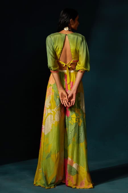 Shop_Basil Leaf_Yellow Chiffon V-neck Ombre Embellished Top With Pant _at_Aza_Fashions