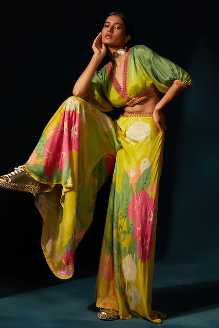Basil Leaf_Yellow Chiffon V-neck Ombre Embellished Top With Pant _Online_at_Aza_Fashions