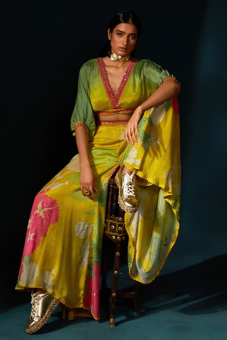 Buy_Basil Leaf_Yellow Chiffon V-neck Ombre Embellished Top With Pant _Online_at_Aza_Fashions
