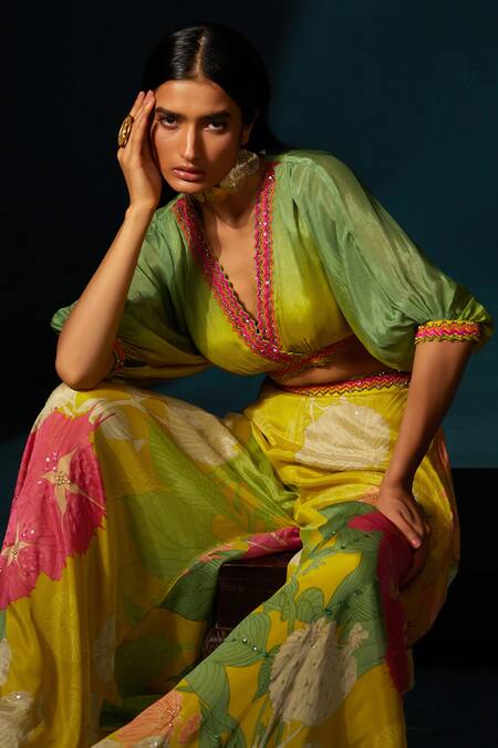 Shop_Basil Leaf_Yellow Chiffon V-neck Ombre Embellished Top With Pant _Online_at_Aza_Fashions