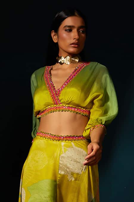 Basil Leaf_Yellow Chiffon V-neck Ombre Embellished Top With Pant _at_Aza_Fashions