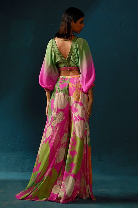 Shop_Basil Leaf_Fuchsia Chiffon V-neck Ombre Embellished Crop Top With Pant _at_Aza_Fashions