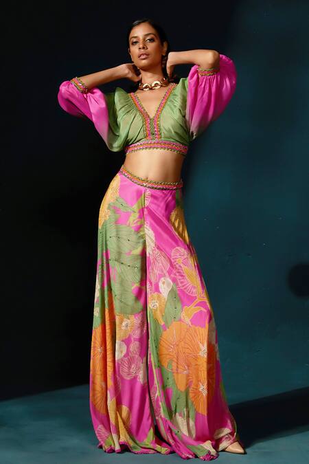 Basil Leaf_Fuchsia Chiffon V-neck Ombre Embellished Crop Top With Pant _Online_at_Aza_Fashions