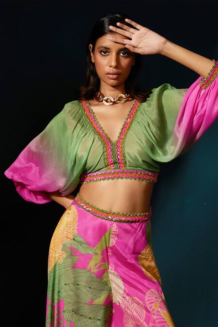 Buy_Basil Leaf_Fuchsia Chiffon V-neck Ombre Embellished Crop Top With Pant _Online_at_Aza_Fashions