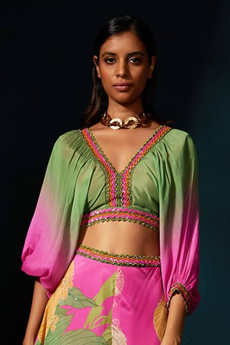 Shop_Basil Leaf_Fuchsia Chiffon V-neck Ombre Embellished Crop Top With Pant _Online_at_Aza_Fashions