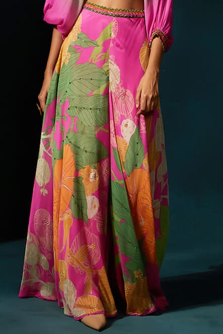 Basil Leaf_Fuchsia Chiffon V-neck Ombre Embellished Crop Top With Pant _at_Aza_Fashions