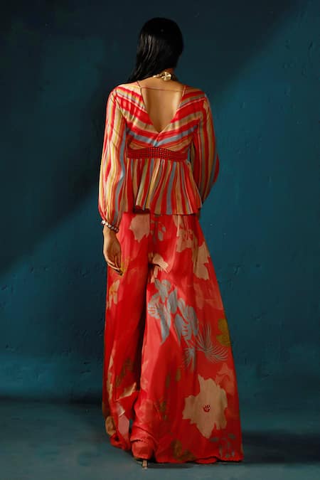 Shop_Basil Leaf_Orange Chiffon Sequins V-neck Printed Peplum Top And Flared Pant Set_at_Aza_Fashions
