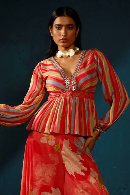 Basil Leaf_Orange Chiffon Sequins V-neck Printed Peplum Top And Flared Pant Set_Online_at_Aza_Fashions