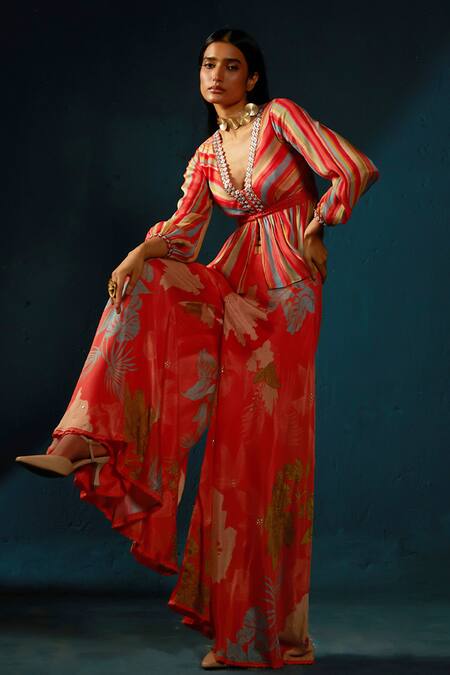 Buy_Basil Leaf_Orange Chiffon Sequins V-neck Printed Peplum Top And Flared Pant Set_Online_at_Aza_Fashions