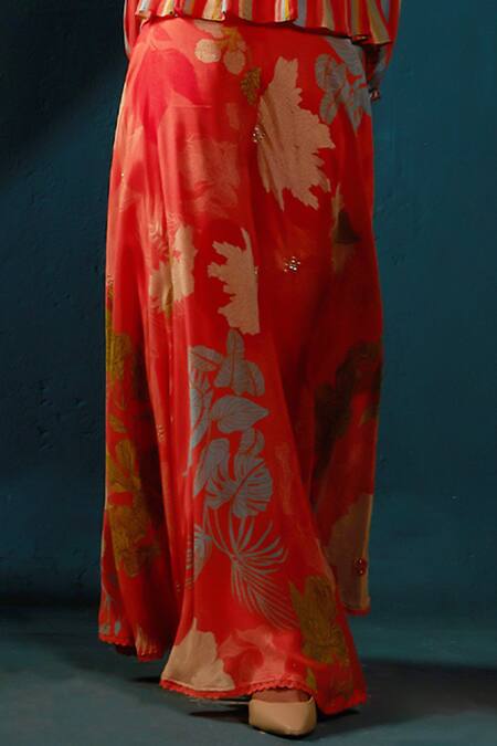 Shop_Basil Leaf_Orange Chiffon Sequins V-neck Printed Peplum Top And Flared Pant Set_Online_at_Aza_Fashions