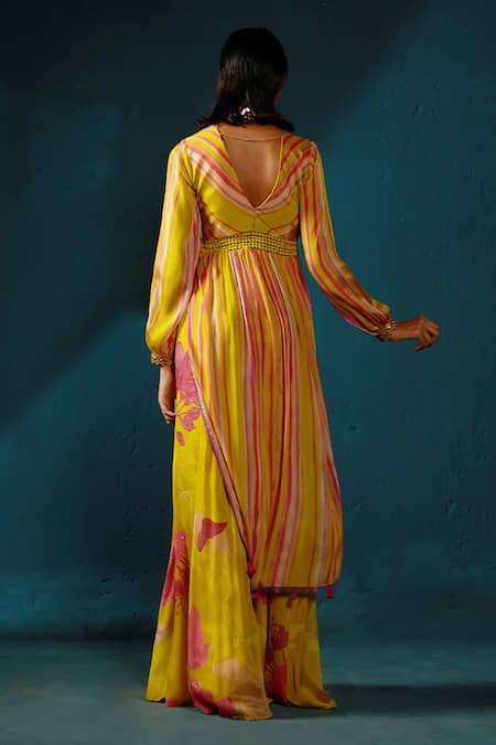 Shop Basil Leaf Yellow Chiffon Embroidery V-neck Stripe Print Kurta With Palazzo at Aza Fashions Shop_Basil Leaf_Yellow Chiffon Embroidery V-neck Stripe Print Kurta With Palazzo_at_Aza_Fashions