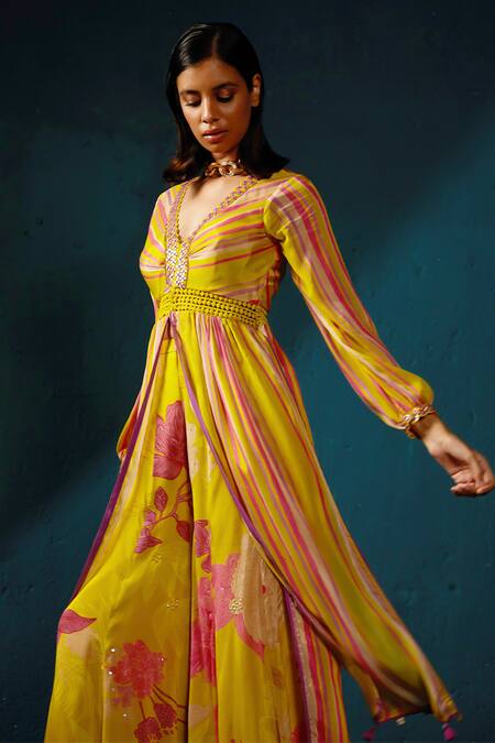 Basil Leaf Yellow Chiffon Embroidery V-neck Stripe Print Kurta With Palazzo Online at Aza Fashions Basil Leaf_Yellow Chiffon Embroidery V-neck Stripe Print Kurta With Palazzo_Online_at_Aza_Fashions