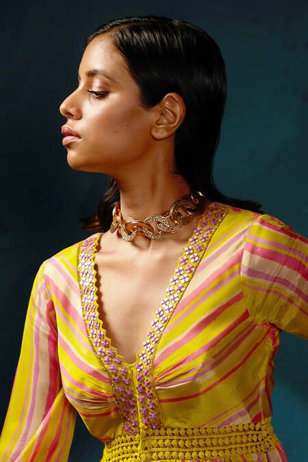 Buy Basil Leaf Yellow Chiffon Embroidery V-neck Stripe Print Kurta With Palazzo Online at Aza Fashions Buy_Basil Leaf_Yellow Chiffon Embroidery V-neck Stripe Print Kurta With Palazzo_Online_at_Aza_Fashions