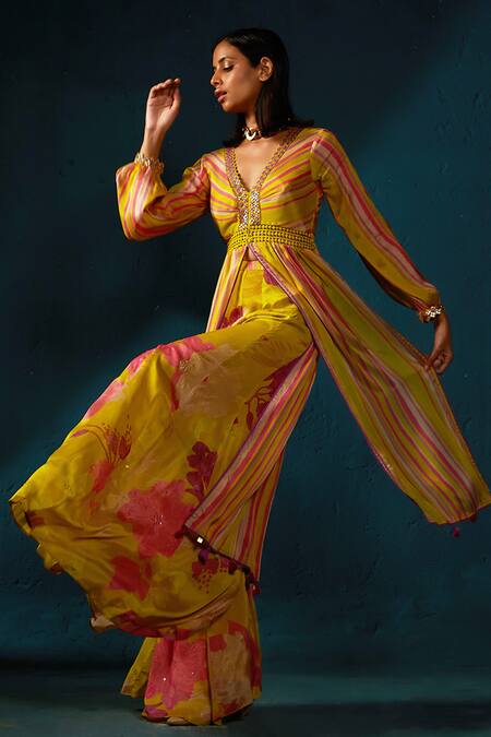 Shop Basil Leaf Yellow Chiffon Embroidery V-neck Stripe Print Kurta With Palazzo Online at Aza Fashions Shop_Basil Leaf_Yellow Chiffon Embroidery V-neck Stripe Print Kurta With Palazzo_Online_at_Aza_Fashions