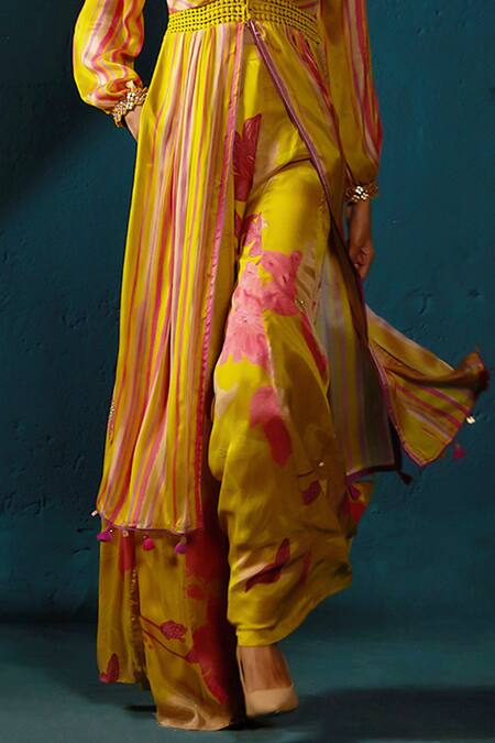 Basil Leaf Yellow Chiffon Embroidery V-neck Stripe Print Kurta With Palazzo at Aza Fashions Basil Leaf_Yellow Chiffon Embroidery V-neck Stripe Print Kurta With Palazzo_at_Aza_Fashions