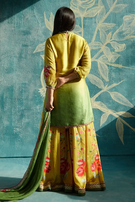 Shop Basil Leaf Yellow Sequins, Beads, Embroidery V-neck Ombre Effect Kurta Sharara Set at Aza Fashions Shop_Basil Leaf_Yellow Sequins, Beads, Embroidery V-neck Ombre Effect Kurta Sharara Set_at_Aza_Fashions