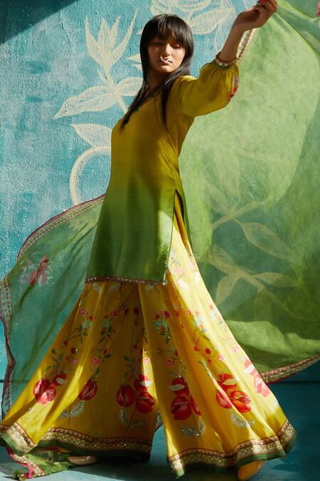 Basil Leaf Yellow Sequins, Beads, Embroidery V-neck Ombre Effect Kurta Sharara Set Online at Aza Fashions Basil Leaf_Yellow Sequins, Beads, Embroidery V-neck Ombre Effect Kurta Sharara Set_Online_at_Aza_Fashions