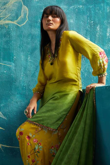 Buy Basil Leaf Yellow Sequins, Beads, Embroidery V-neck Ombre Effect Kurta Sharara Set Online at Aza Fashions Buy_Basil Leaf_Yellow Sequins, Beads, Embroidery V-neck Ombre Effect Kurta Sharara Set_Online_at_Aza_Fashions