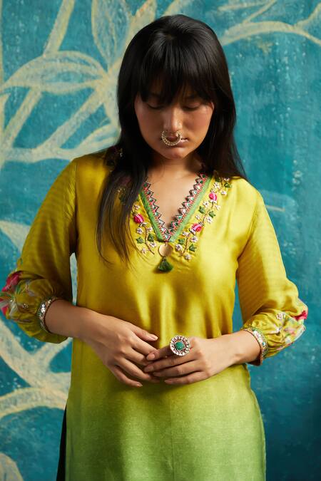 Basil Leaf Yellow Sequins, Beads, Embroidery V-neck Ombre Effect Kurta Sharara Set at Aza Fashions Basil Leaf_Yellow Sequins, Beads, Embroidery V-neck Ombre Effect Kurta Sharara Set_at_Aza_Fashions