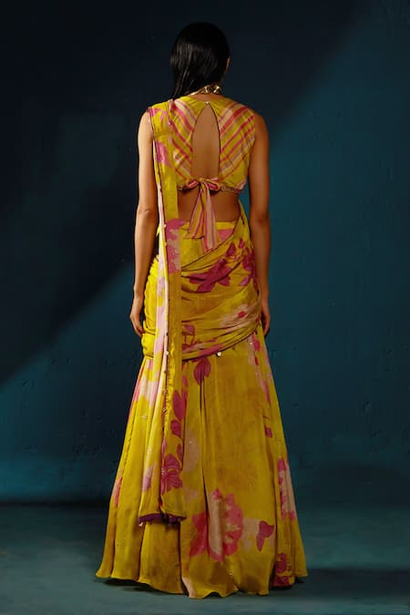 Shop_Basil Leaf_Yellow Chiffon Embroidery, Sequins Floral Print Pre-draped Saree With Blouse _at_Aza_Fashions