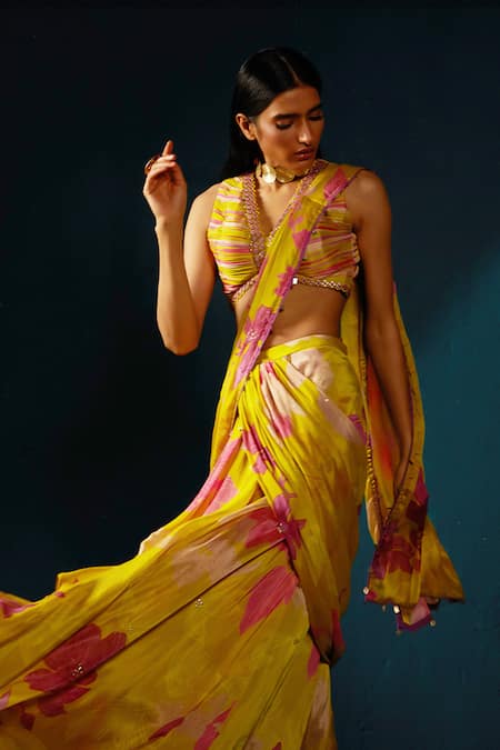 Basil Leaf_Yellow Chiffon Embroidery, Sequins Floral Print Pre-draped Saree With Blouse _Online_at_Aza_Fashions
