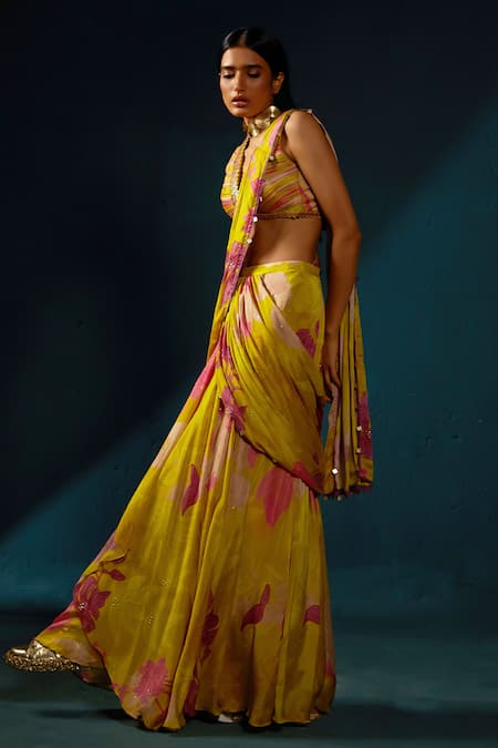 Buy_Basil Leaf_Yellow Chiffon Embroidery, Sequins Floral Print Pre-draped Saree With Blouse _Online_at_Aza_Fashions