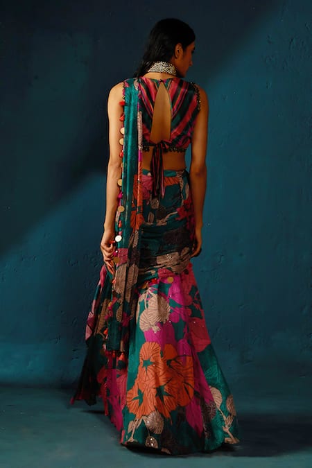 Shop_Basil Leaf_Multi Color Chiffon Tassels, Sequins Embellished Pre-draped Saree With Blouse _at_Aza_Fashions