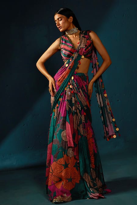 Basil Leaf_Multi Color Chiffon Tassels, Sequins Embellished Pre-draped Saree With Blouse _Online_at_Aza_Fashions