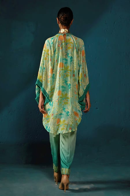 Shop_Basil Leaf_Blue Chiffon Tassels V-neck Shaded Asymmetric Kaftan Kurta And Pant Set _at_Aza_Fashions