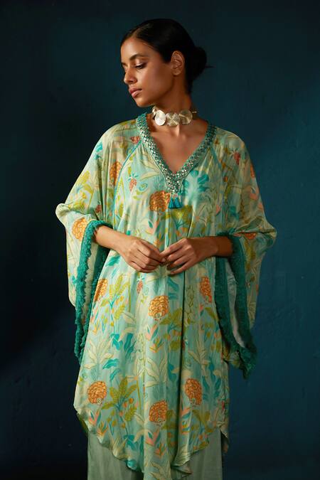 Buy_Basil Leaf_Blue Chiffon Tassels V-neck Shaded Asymmetric Kaftan Kurta And Pant Set _Online_at_Aza_Fashions