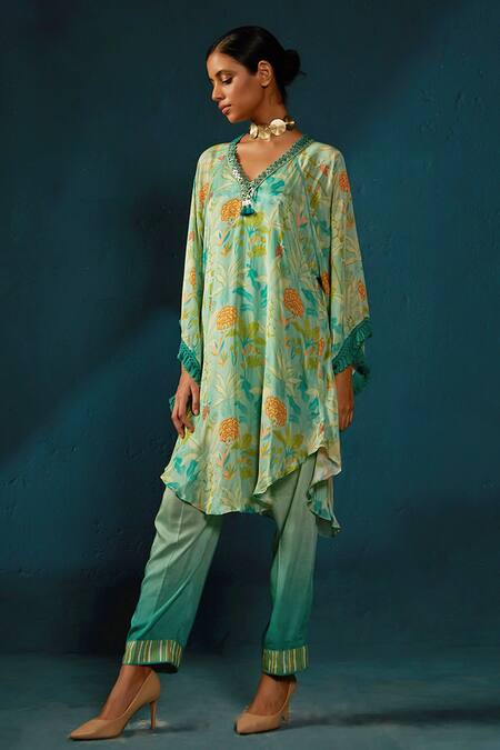 Shop_Basil Leaf_Blue Chiffon Tassels V-neck Shaded Asymmetric Kaftan Kurta And Pant Set _Online_at_Aza_Fashions