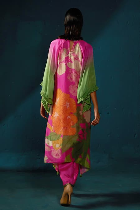 Shop_Basil Leaf_Pink Chiffon Tassels, Embroidery Chinon Floral Abstract Print Kurta And Pant Set _at_Aza_Fashions
