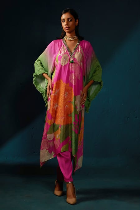 Buy_Basil Leaf_Pink Chiffon Tassels, Embroidery Chinon Floral Abstract Print Kurta And Pant Set _Online_at_Aza_Fashions