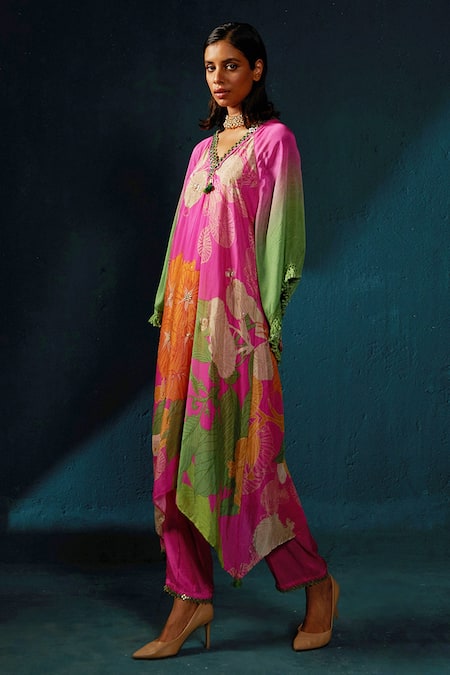 Shop_Basil Leaf_Pink Chiffon Tassels, Embroidery Chinon Floral Abstract Print Kurta And Pant Set _Online_at_Aza_Fashions