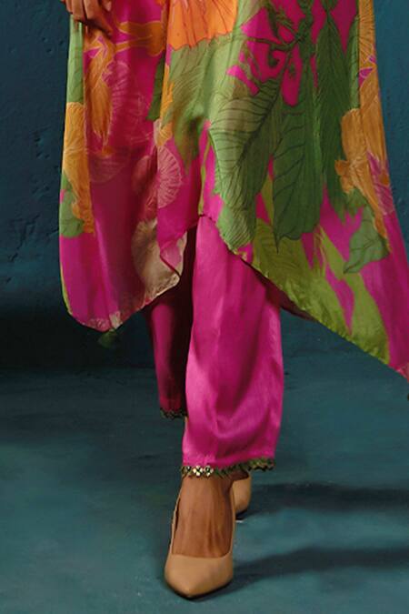 Basil Leaf_Pink Chiffon Tassels, Embroidery Chinon Floral Abstract Print Kurta And Pant Set _at_Aza_Fashions